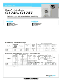 G1746 datasheet: Active area size:2.3x2.3mm; reverse voltage:5V; GaAsP photodiode. Schottky type with red sensitivity extended type. For analytical instruments, color identification and UC detection G1746