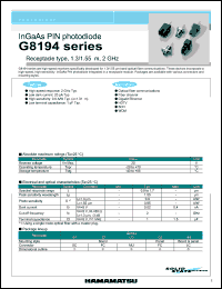 G8194-22 datasheet: Spectral response range:0.9-1.7um; reverse voltage:20V; InGaAs PIN photodiode: receptacle type 1.3/1.55um, 2GHz. For optical fiber communications, fiber channel, gigabit enthernet, HDTV, SDH, WDM G8194-22