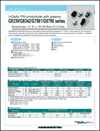 G8342-22 datasheet: Supply voltage:0.3-3.8V; InGaAs PIN photodiode with preamp: receptacle type, 1.3/1.55um, 156, 622Mbps/1.25, 2.5Gbps. For optical fiber communications, fiber channel, gigabit enthernet, HDTV, SDH G8342-22