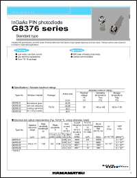 G8376-02 datasheet: Reverse voltage:20V; spectral response range:0.9-1.7um; InGaAs PIN photodiode: standard type. For NIR (near infrared) photometry, optical communication G8376-02