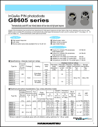 G8605-12 datasheet: 0.2mW; 1.5A; spectral response range:0.9-1.65um; InGaAs PIN photodiode: thermoelectrically cooled NIR (near infrared) detector with low high-speed response. For optical power meter, water content analyzer, laser diode life test G8605-12