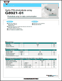 G8921-01 datasheet: Reverse voltage:30V; 0.5mA; spectral response range:0.9-1.7um; InGaAs PIN photodiode array: photodiode array for for data communication. For optical fiber communications, high-speed data link G8921-01