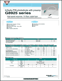 G8925-22 datasheet: Connector: FC; 78mA; InGaAs PIN photodiode with preamp: high-speed response: 10Gbps, pigtail type. For optical fiber communications, SDH/SONET, WDM G8925-22