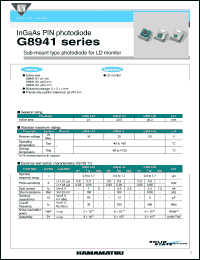 G8941-01 datasheet: reverse voltage: 10V; active area: 1mm; InGaAs PIN photodiode: sub-mount type photodiode for LD monitor. For LD monitor G8941-01