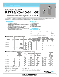 K3413-02 datasheet: 0.2mW; 5V; 1.5A; 2-color detector. Broad  spectral response range from UV through IR. For spectrophotometers, laser monitors, flame monitors, radiation thermometers K3413-02