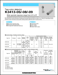 K3413-08 datasheet: 5/20V; 1.5A; 0.2mW; 2-color detector. Wide spectral response range from UV through IR. For spectrophotometers, laser monitors, flame monitors and radiation thermometers K3413-08