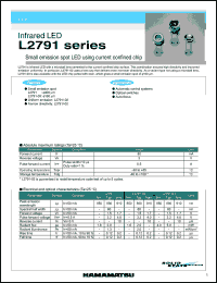 L2791 datasheet: 80mA; 3V; 0.5A; infrared LED: small emission spot LED using current confined chip. For auto-focus, optical switches and automatic control systems L2791