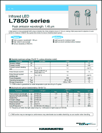 L7850 datasheet: Forward current:80mA; 1V; 150mW; infrared LED: peak emission wavelength:1.45um. For light source for moisture meter, light source for photosensitive material L7850
