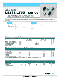 L8231-21 datasheet: 2V; 0.2mW; laser diode: repectacle type, 1.3um, 1.25, 2.5Gbps. For optical fiber communications, fiber channel, gigabit ethernet, HDTV, SDH L8231-21