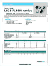 L8231-23 datasheet: 2V; 0.2mW; laser diode: repectacle type, 1.3um, 1.25, 2.5Gbps. For optical fiber communications, fiber channel, gigabit ethernet, HDTV, SDH L8231-23