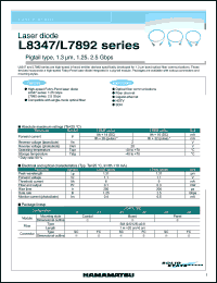 L7892-21 datasheet: Connector type:SC ;2V; 0.3mW; laser diode: pigtail type, 1.3um, 1.25, 2.5Gpbs. For optical fiber communications, fiber channel, gigabit ethernet, HDTV, SDH L7892-21