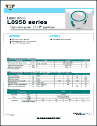 L8958-11 datasheet: Connector type:SC; 1.1V; 1.5mW; laser diode: high output power : 1.5mW, pigtail type. For optical fiber communications L8958-11