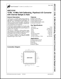ADC12191CIVT datasheet: 12-Bit, 10 MHz Self-Calibrating, Pipelined A/D Converter with Internal Sample & Hold ADC12191CIVT