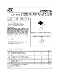 STD40NF02L datasheet: N-CHANNEL 20V - 0.01 OHM -40A DPAK LOW GATE CHARGE STRIPFET POWER MOSFET STD40NF02L