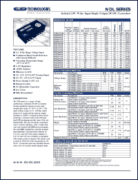 NDL0512S datasheet: Isolated 2W wide input single output DC-DC converter. Nom.input voltage 5V, rated output voltage 12V, output current: 42mA (min load), 167mA (full load). NDL0512S