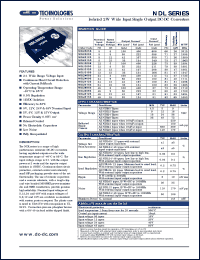 NDL2415S datasheet: Isolated 2W wide input single output DC-DC converter. Nom.input voltage 24V, rated output voltage 15V, output current: 33mA (min load), 134mA (full load). NDL2415S