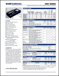 NDTD4815 datasheet: Isolated 3W wide input dual output DC-DC converter. Nom.input voltage 48V, rated output voltage 15V, output current: + - 25mA (min load), + - 100mA (full load). NDTD4815