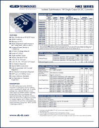 NKE0303D datasheet: Isolated sub-miniature 1W single output DC-DC converter. Nom.input voltage 3.3V, output voltage 3.3V, output current 303mA. NKE0303D