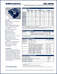 NKE0505D datasheet: Isolated sub-miniature 1W single output DC-DC converter. Nom.input voltage 5V, output voltage 5V, output current 200mA. NKE0505D