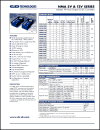 NMA1215D datasheet: Isolated  1W dual output DC-DC converter. Nom.input voltage 12V, output voltage 15V, output current +-33mA. NMA1215D