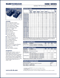 NMD050509S datasheet: Isolated 1W twin output DC-DC converter. Nom.input voltage 5V, output voltage(1) 5V, output voltage(2) 9V, output current(1) 100mA, output current(2) 56mA. NMD050509S