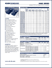 NMD120512D datasheet: Isolated 1W twin output DC-DC converter. Nom.input voltage 12V, output voltage(1) 5V, output voltage(2) 12V, output current(1) 100mA, output current(2) 42mA. NMD120512D