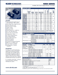 NMH0509S datasheet: Isolated 2W dual output DC-DC converter. Nom.input voltage 5V, output voltage 9V, output current + - 111mA. NMH0509S