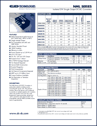 NML0505S datasheet: Isolated 2W single output DC-DC converter. Nom.input voltage 5V, output voltage 5V, output current + - 400mA. NML0505S