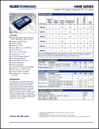 NMR100 datasheet: Isolated 1W single output DC-DC converter. Nom.input voltage 5V, output voltage 5V, output current + - 200mA. NMR100