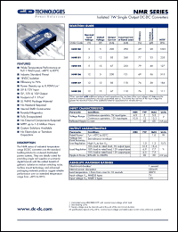 NMR101 datasheet: Isolated 1W single output DC-DC converter. Nom.input voltage 5V, output voltage 12V, output current + - 83mA. NMR101