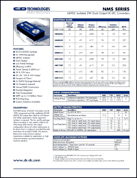 NMS0515 datasheet: 6kVDC isolated 2W dual output DC-DC converter. Nom.input voltage 5V, output voltage +-15V, output current +-67mA. NMS0515