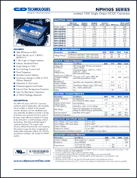 NPH10S2405i datasheet: Isolated 10W single output DC-DC converter. Nom.input voltage 24V, output voltage 5.1V, output current 1.96A. NPH10S2405i