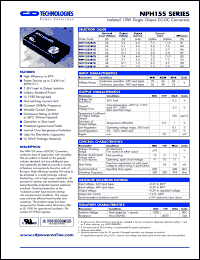 NPH15S4812Ei datasheet: Isolated 15W single output DC-DC converter. Nom.input voltage 48V, output voltage 12.1V, output current 1.3mA. NPH15S4812Ei