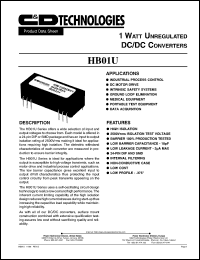 HB01U05S15Z datasheet: Single 1W unregulated DC/DC converter. Nominal input voltage 5Vdc, rated output voltage 15Vdc, rated output current 67mA. HB01U05S15Z