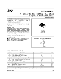 STD45NF03L datasheet: N-CHANNEL 30V - 0.011 OHM - 45A DPAK STRIPFET POWER MOSFET STD45NF03L