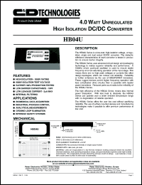 HB04U05S05Q datasheet: Single 4.0W unregulated high isolation DC/DC converter. Nom.input voltage 5Vdc, rated output voltage 5Vdc, rated output current 800mA. HB04U05S05Q