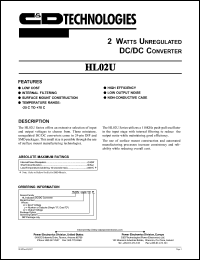 HL02U05S05YH datasheet: Single 2 Watt unregulated DC/DC converter. Nom.input voltage 5Vdc, rated output voltage 5Vdc, rated output current 400mA. HL02U05S05YH