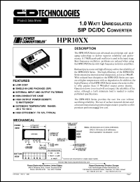 HPR1000 datasheet: 1.0 Watt unregulated DC/DC converter. Nom.input voltage 5Vdc, rated output voltage 5Vdc, rated output current 200mA. HPR1000