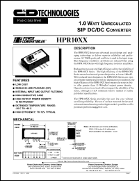 HPR1007 datasheet: 1.0 Watt unregulated DC/DC converter. Nom.input voltage 12Vdc, rated output voltage 12Vdc, rated output current 83mA. HPR1007