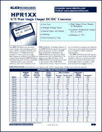 HPR101V datasheet: 0.75 Watt single output DC/DC converter. Nom.input voltage 5Vdc, rated output voltage 12Vdc, rated output current 62mA. HPR101V