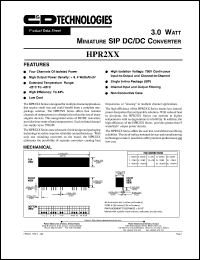 HPR203H datasheet: 3.0 Watt miniature DC/DC converter. Nom.input voltage 5VDC, rated output voltage +-5.2VDC, rated output current +-73mA. HPR203H