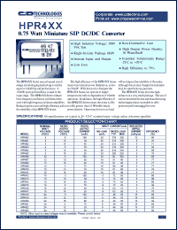 HPR409 datasheet: 0.75 Watt miniature DC/DC converter. Nom.input voltage 12VDC, rated output voltage +-5VDC, rated output current +-75mA. HPR409