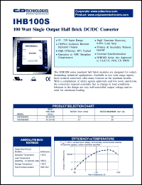 IHB100S4805 datasheet: 100 Watt single output half brick DC/DC converter. Input voltage 48(33-75)VDC, rated output voltage 5.1VDC, rated max. output current 20A. IHB100S4805