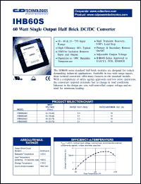 IHB60S2405 datasheet: 60 watt single output half brick DC/DC converter. Input voltage 24(18-40)VDC, rated output voltage 5.1VDC, rated max.output current 12A. IHB60S2405