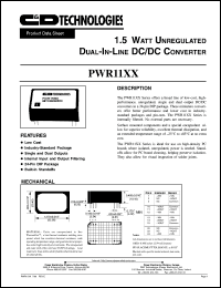 PWR1105 datasheet: 1.5 watt unregulated DC/DC converter. Nom.input voltage 5VDC, rated output voltage +-15VDC, rated output current +-50mA. PWR1105