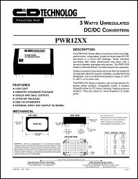 PWR1202 datasheet: 3 watt unregulated DC/DC converter. Nom.input voltage 5VDC, rated output voltage 15VDC, rated output current 200mA. PWR1202