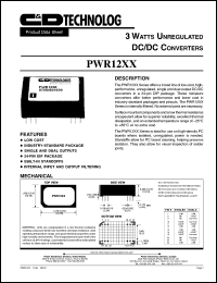 PWR1213 datasheet: 3 watt unregulated DC/DC converter. Nom.input voltage 15VDC, rated output voltage 12VDC, rated output current 250mA. PWR1213