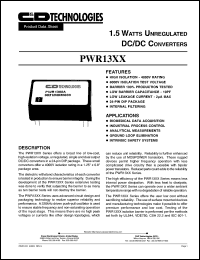 PWR1307 datasheet: 1.5 watt unregulated DC/DC converter. Nom.input voltage 12VDC, rated output voltage 12VDC, rated output current 125mA. PWR1307