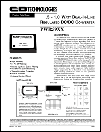PWR5910 datasheet:  Regulated DC/DC converter. Rated output power 1000 mW, nom.input voltage 12VDC, rated output voltage 15VDC, rated output current 67mA. PWR5910