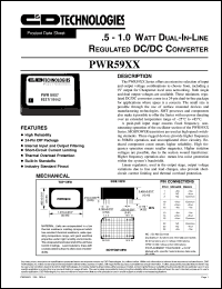 PWR5916 datasheet:  Regulated DC/DC converter. Rated output power 1000 mW, nom.input voltage 15VDC, rated output voltage 12VDC, rated output current 83mA. PWR5916